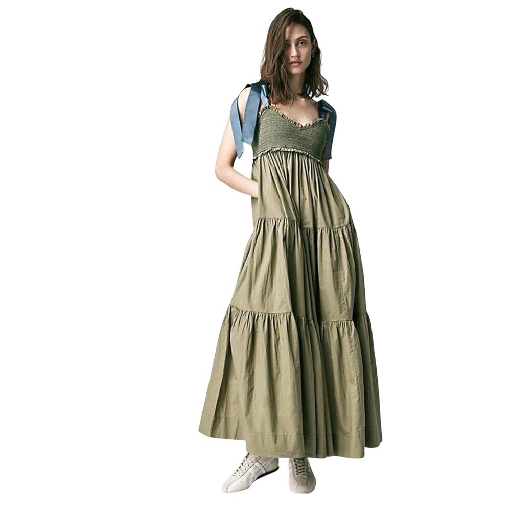 FREE PEOPLE Women’s Boho Bluebelle Ribbon Tie Green Solid Maxi Dress